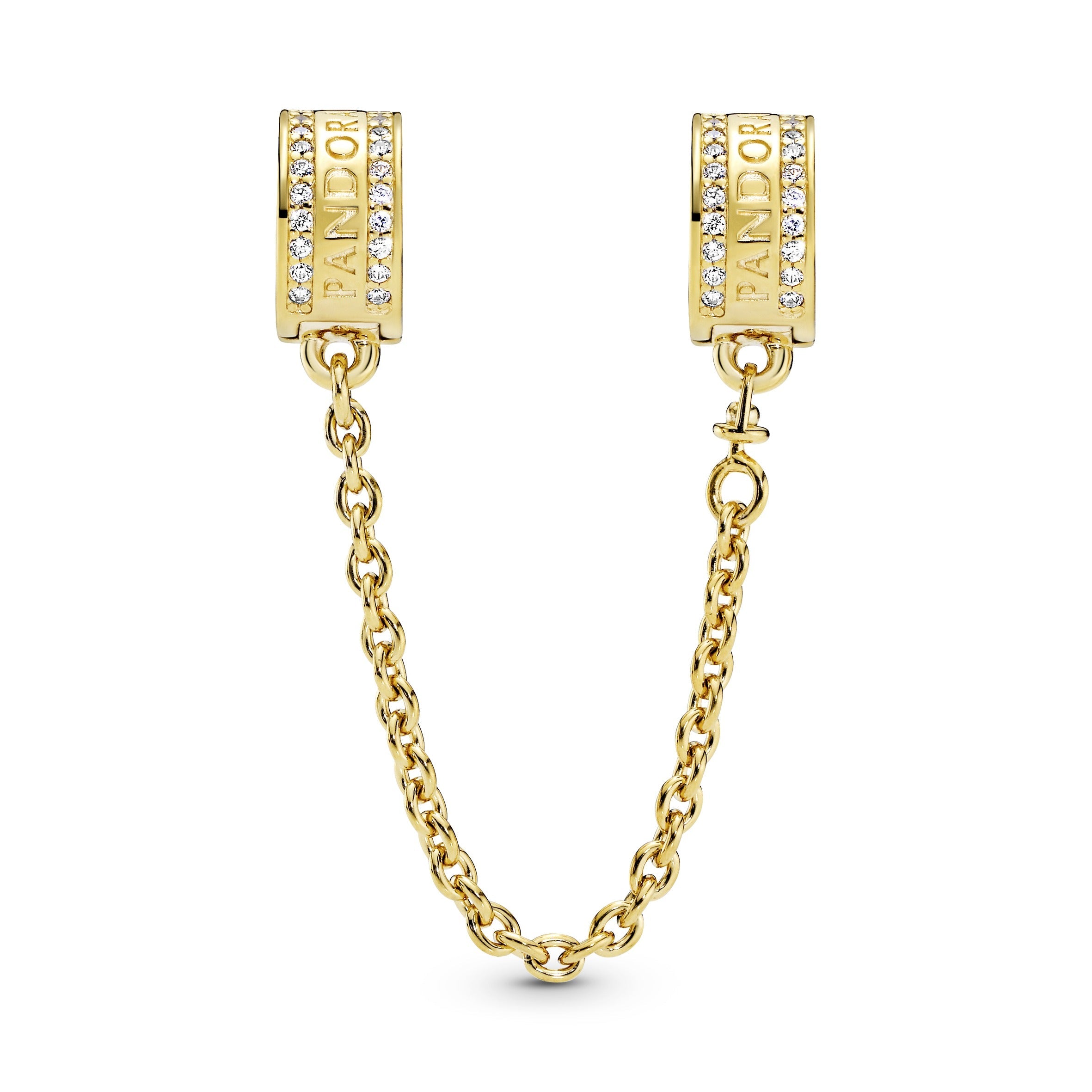 14k Gold Plated logo safety chain with clear cubic zirconia and silicone grip