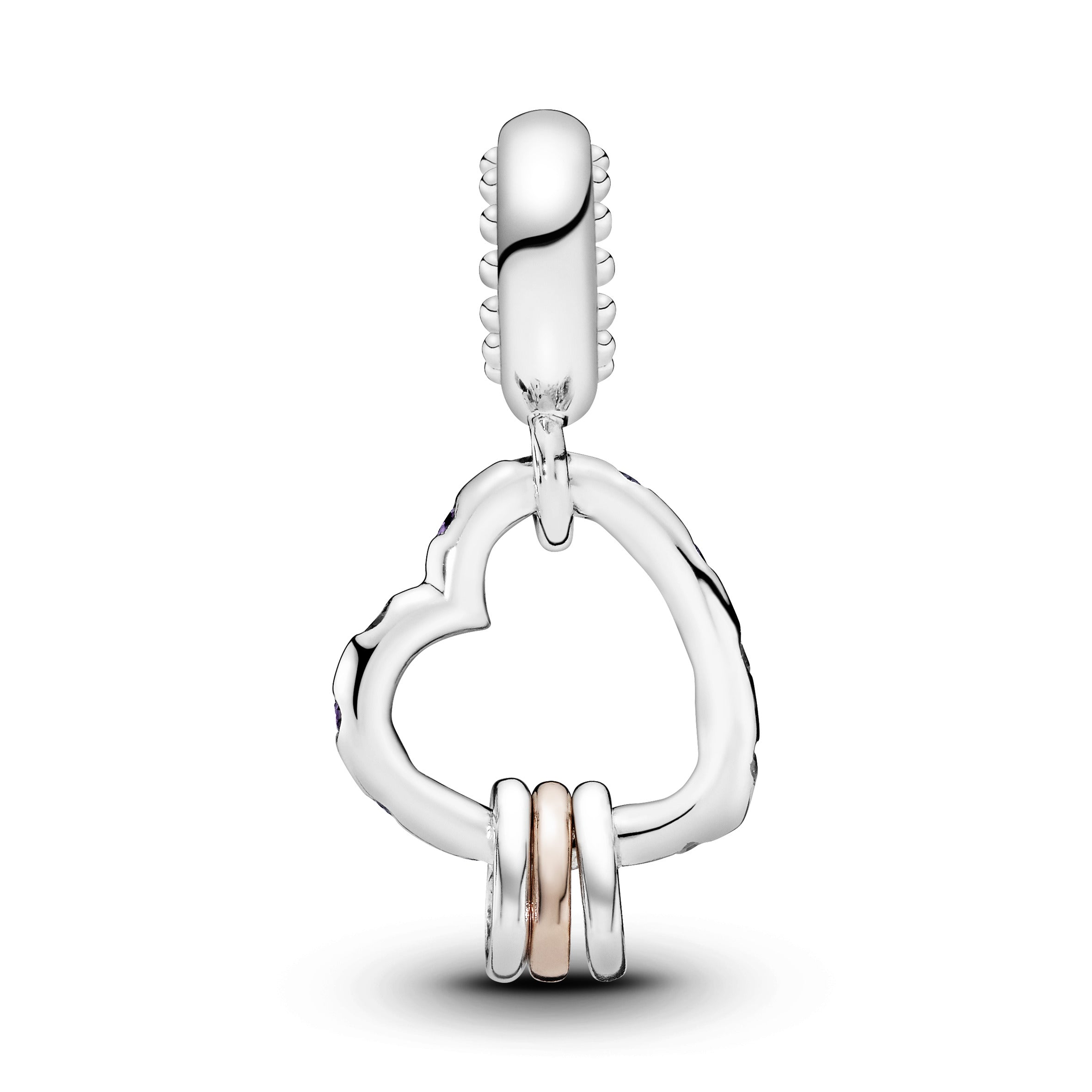 Heart silver and 14k Rose Gold-plated dangle with lilac crystal, royal purple crystal and clear cubic zirconia