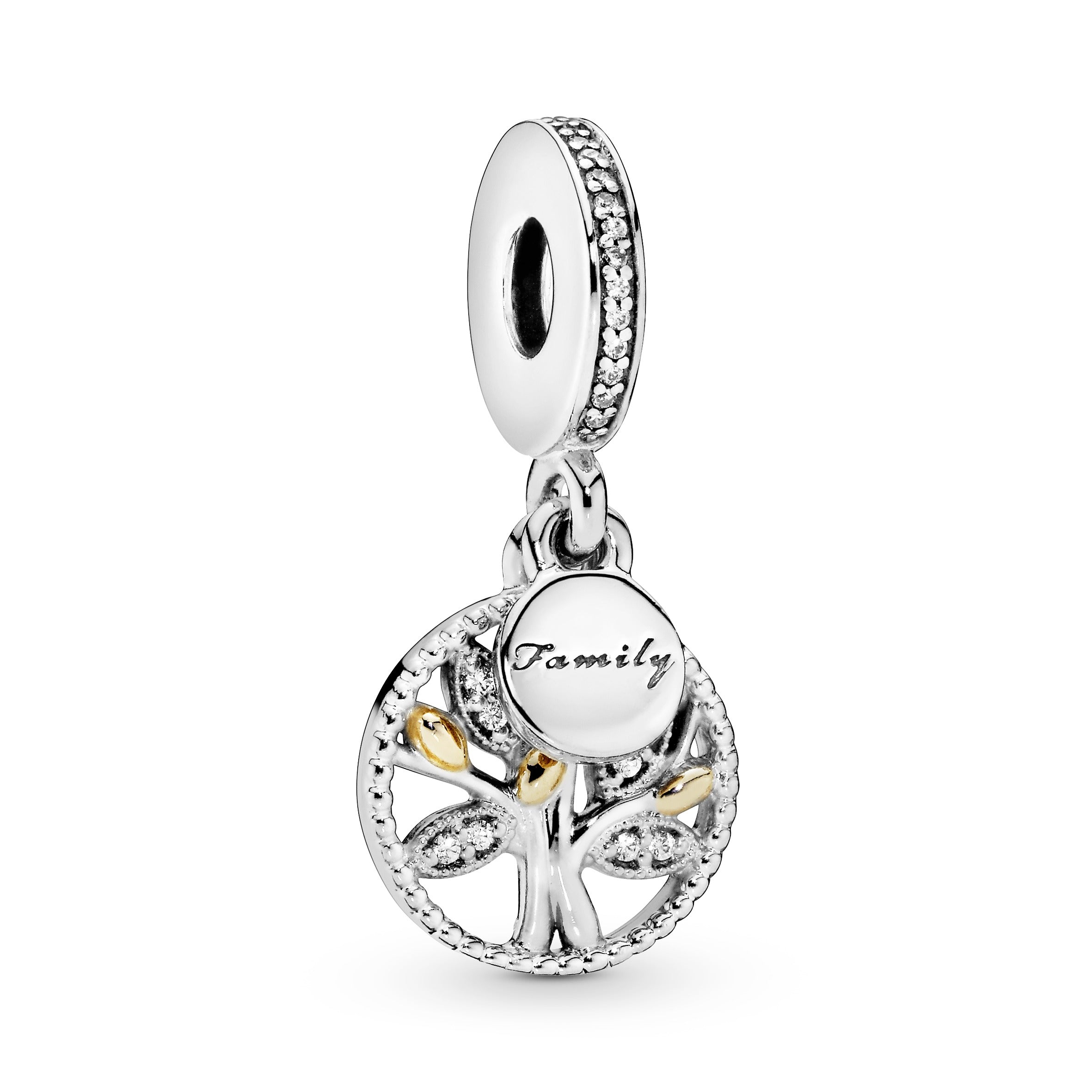 Family tree silver dangle with 14k and clear cubic zirconia