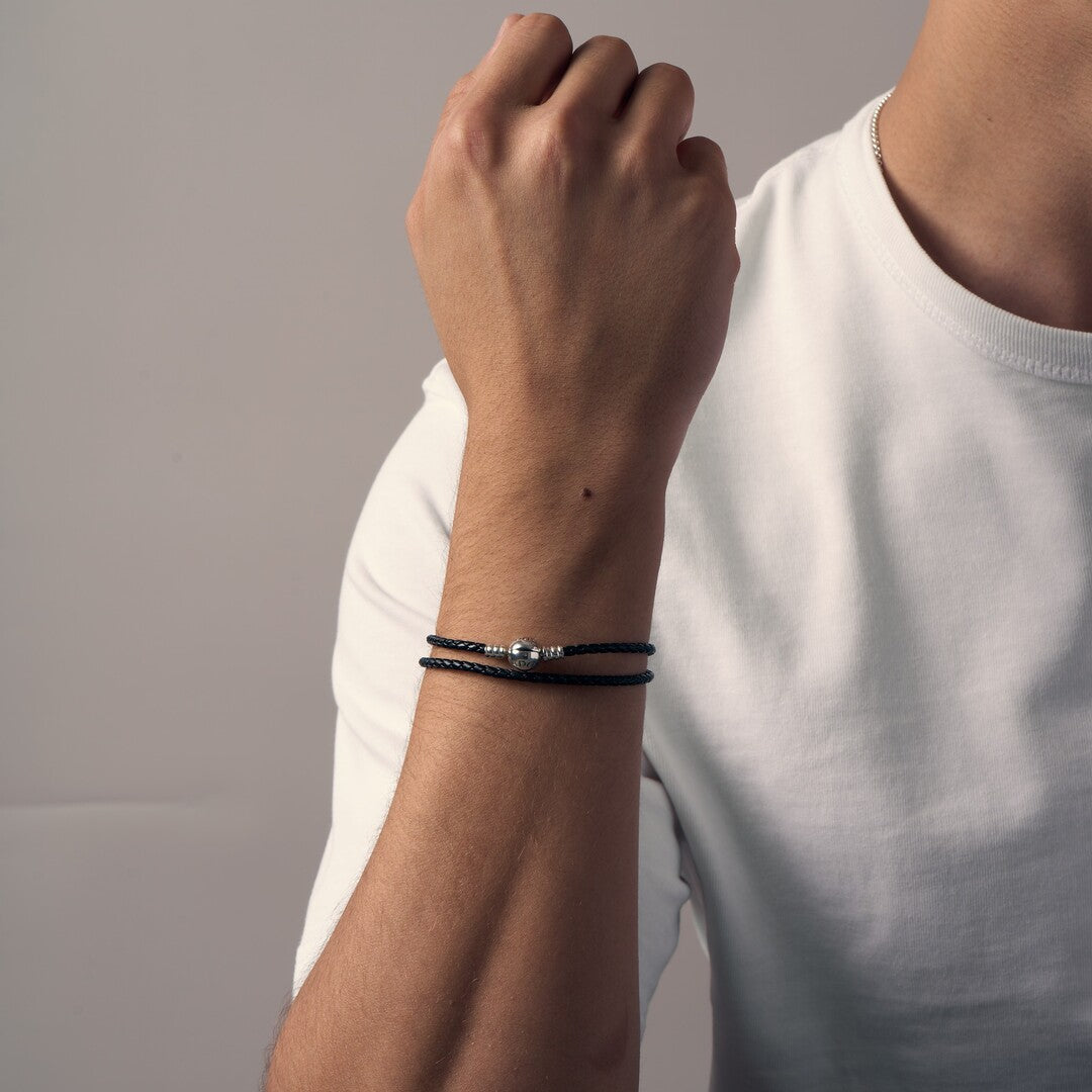 Silver leather bracelet, double, black