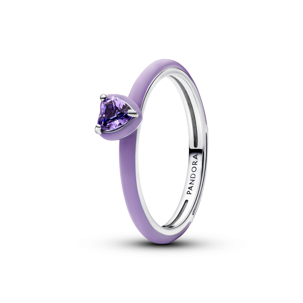 Heart sterling silver ring with royal purple crystal and purple enamel