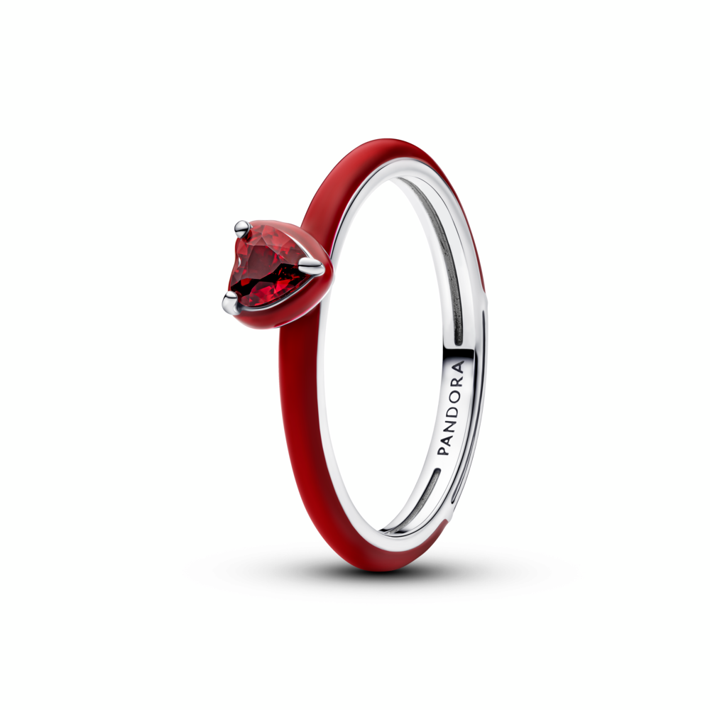 Heart sterling silver ring with salsa red crystal and red enamel