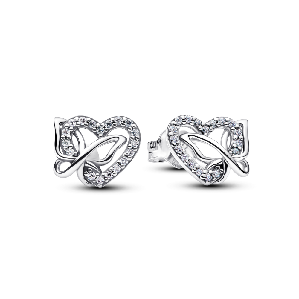 Heart and butterfly sterling silver stud earrings with clear cubic zirconia
