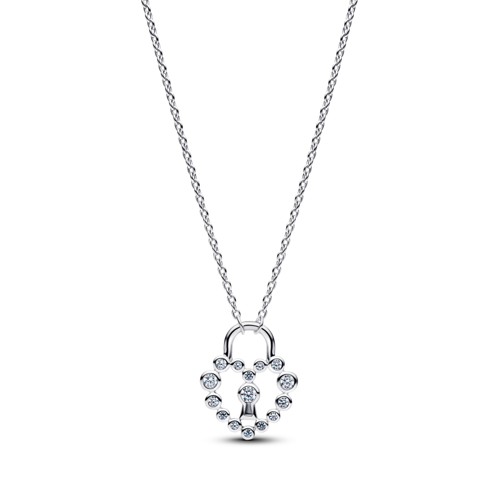 Heart padlock sterling silver pendant necklace with clear cubic zirconia