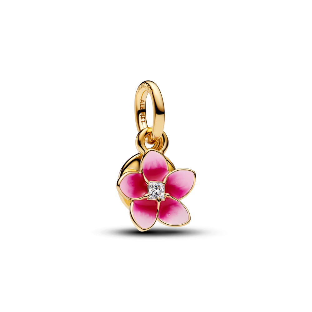 Disney Moana pink plumeria 14k gold-plated double dangle with clear cubic zirconia and shaded pink enamel