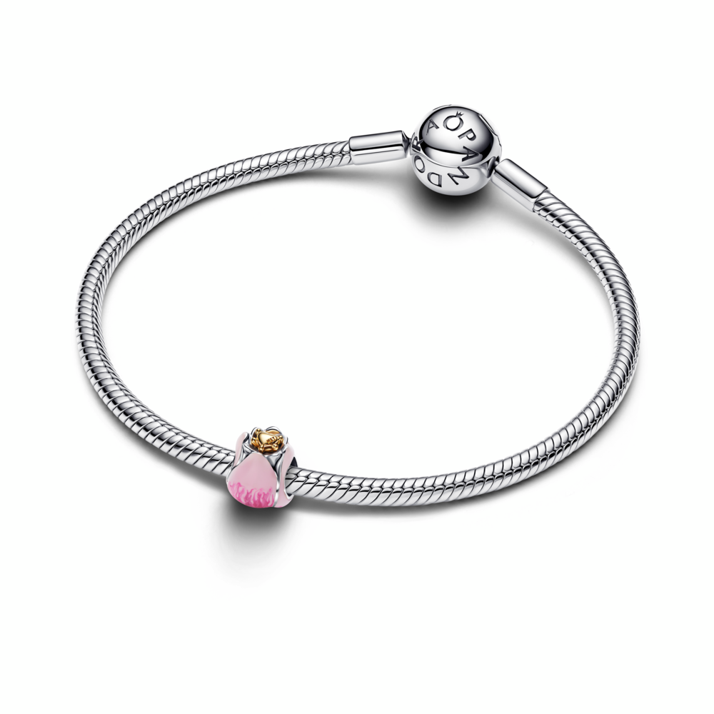 Tulip sterling silver and 14k gold-plated charm with royal green crystal and shaded pink enamel