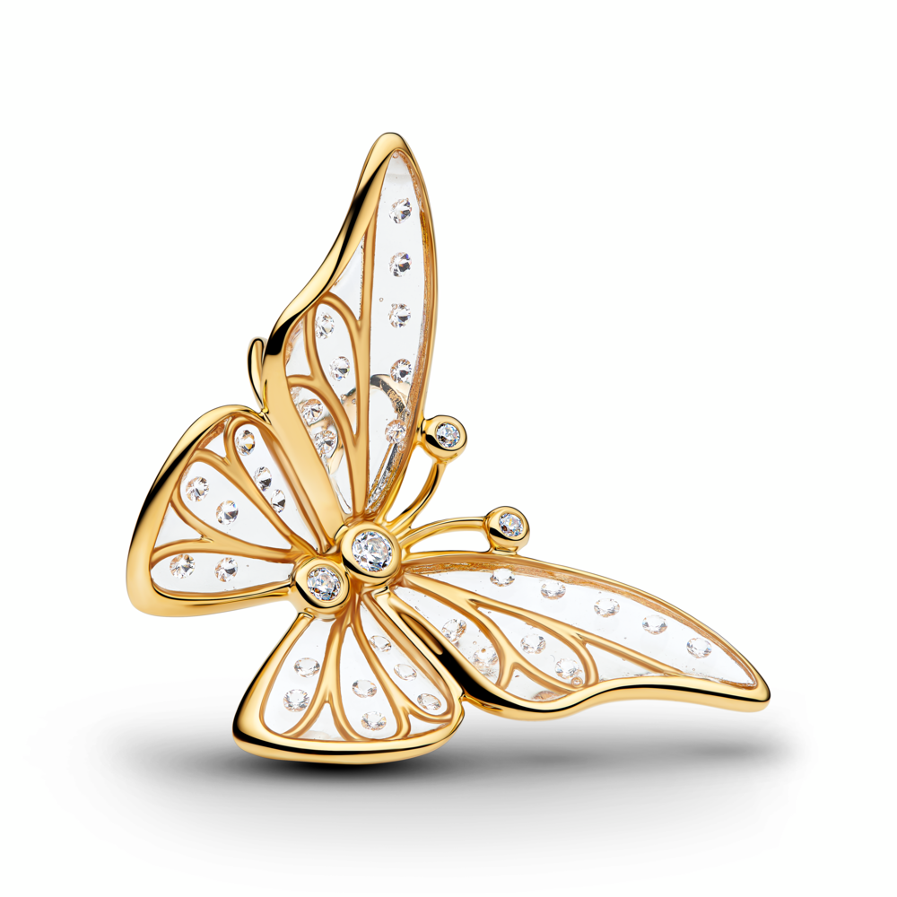 Butterfly 14k gold-plated charm with clear cubic zirconia and clear UV resin