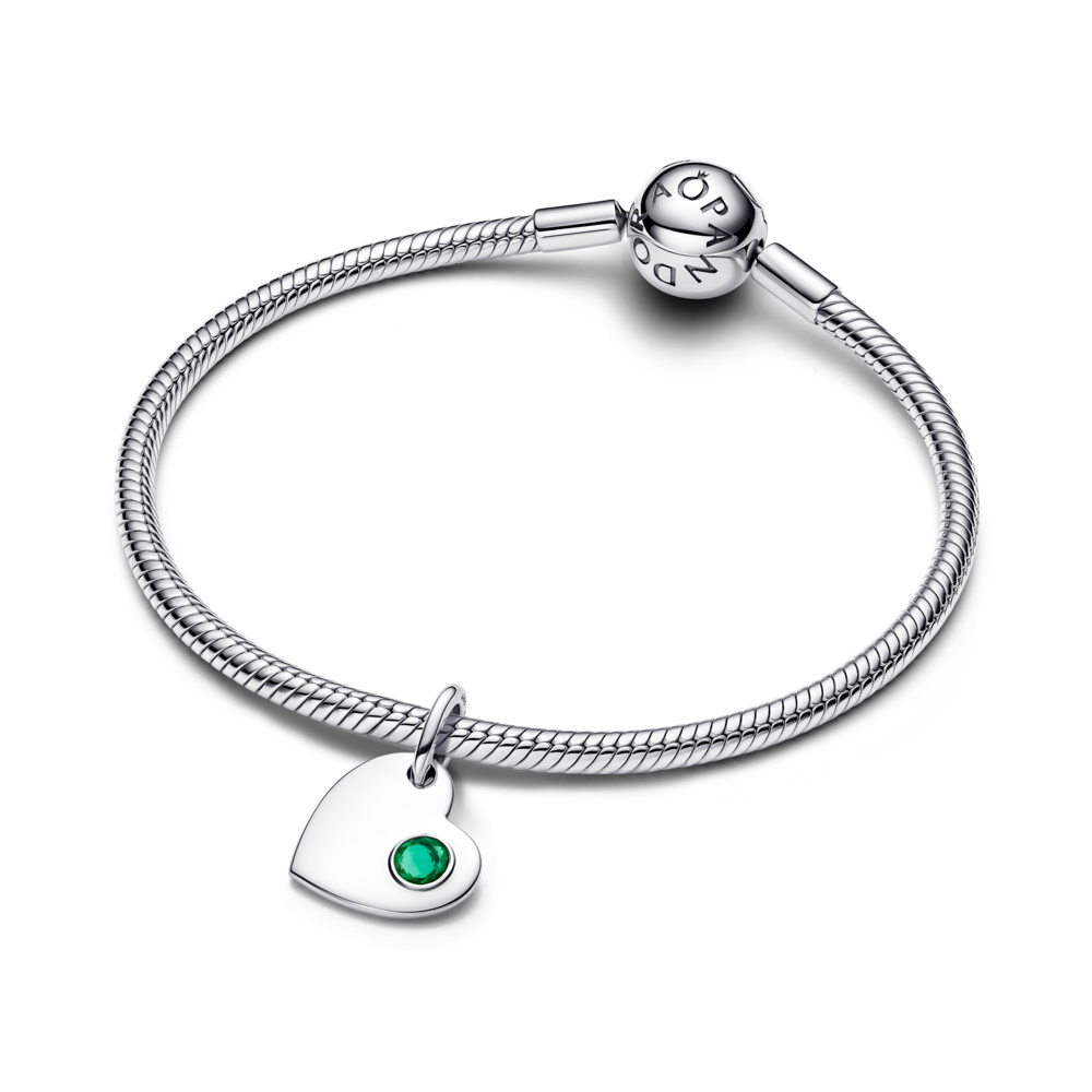 Engravable heart sterling silver dangle with royal green crystal