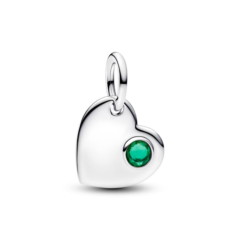 Engravable heart sterling silver dangle with royal green crystal