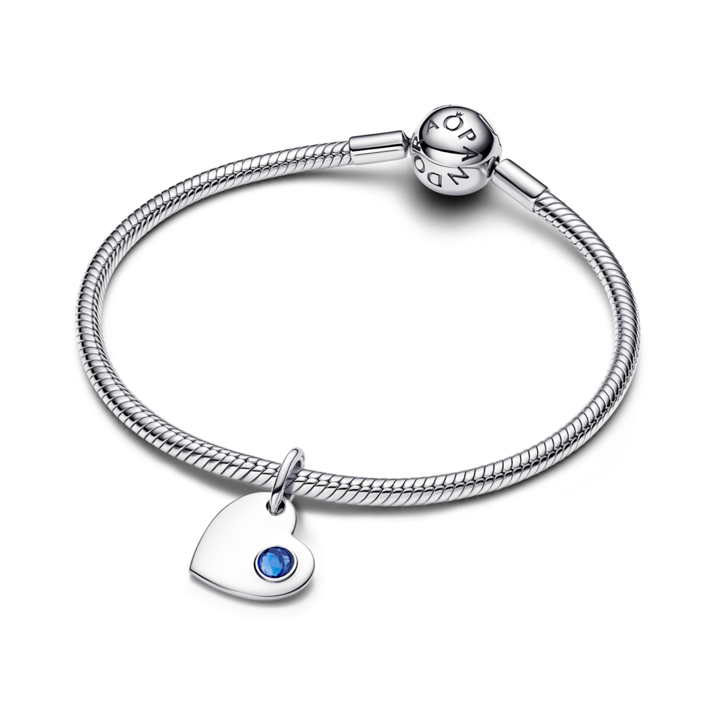 Engravable heart sterling silver dangle with princess blue crystal