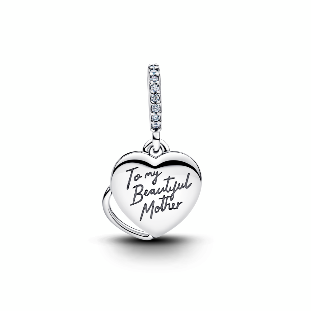 Heart sterling silver double dangle with clear cubic zirconia and pink mosaic lab-created opal and resin