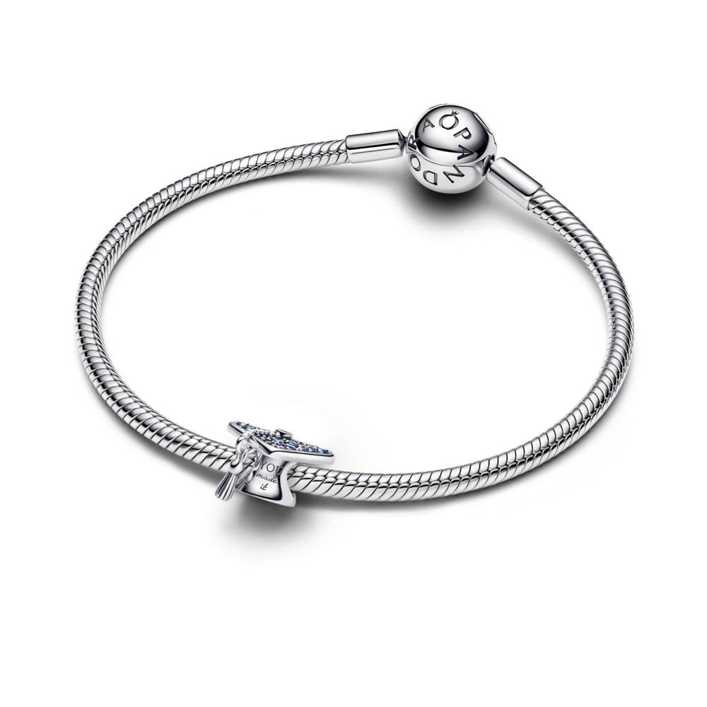 Graduation cap sterling silver charm with stellar blue crystal and clear cubic zirconia