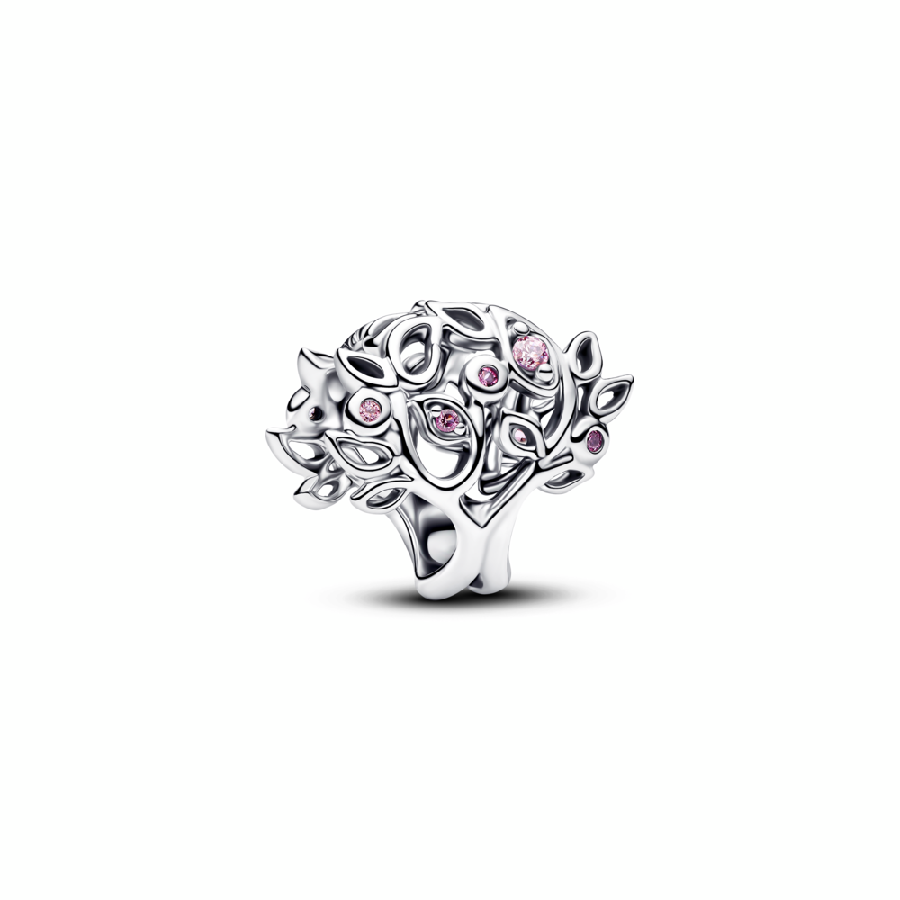 Family tree sterling silver charm with fancy pink cubic zirconia and fuchsia rose crystal