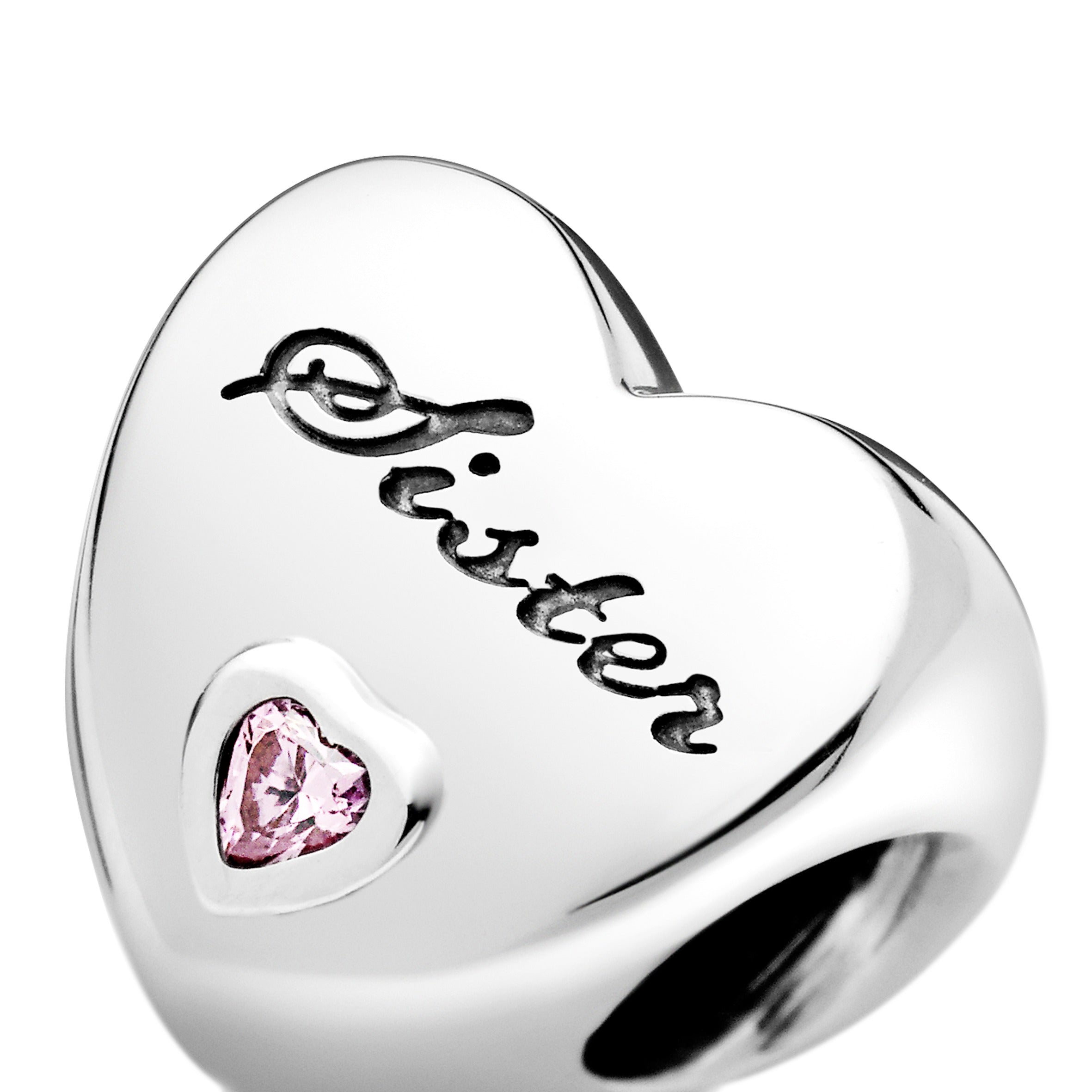 Sister heart silver charm with pink cubic zirconia