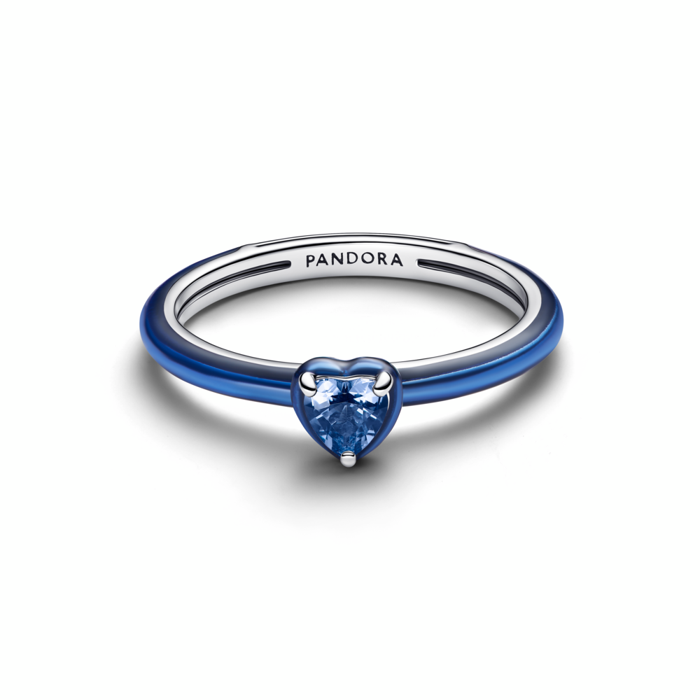 Heart sterling silver ring with blue crystal and blue enamel