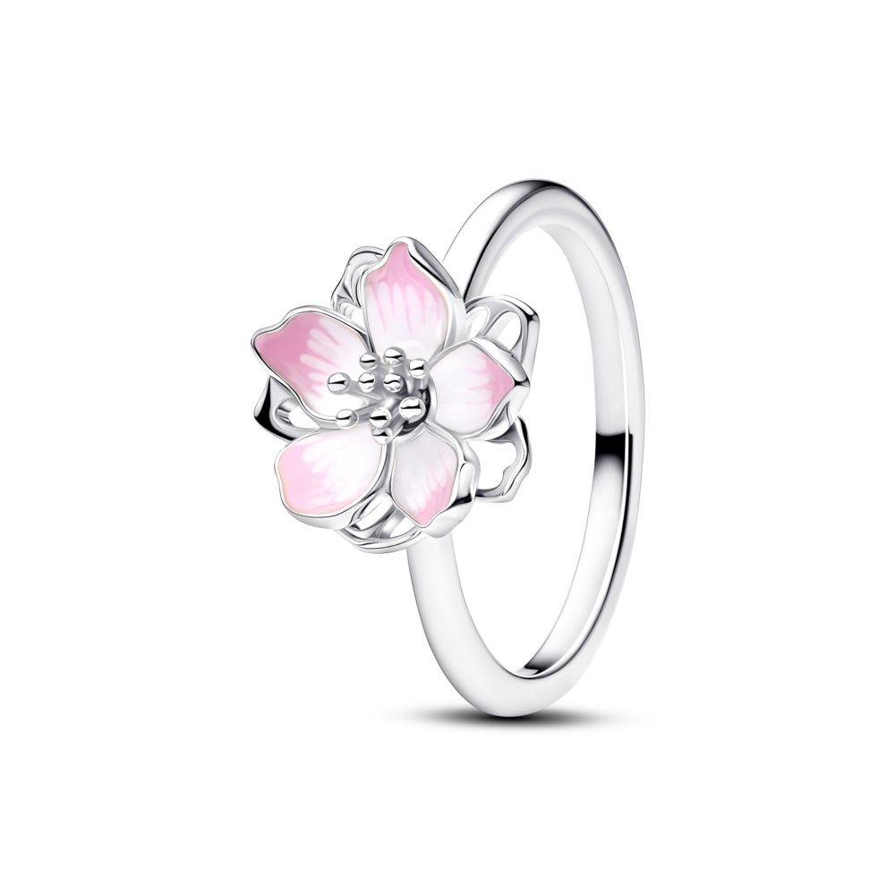 Cherry blossom sterling silver ring with shaded pink enamel