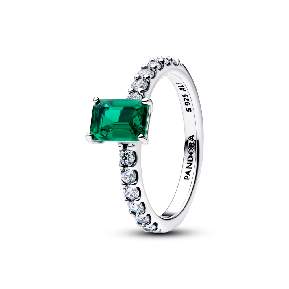 Sterling silver ring with royal green crystal and clear cubic zirconia