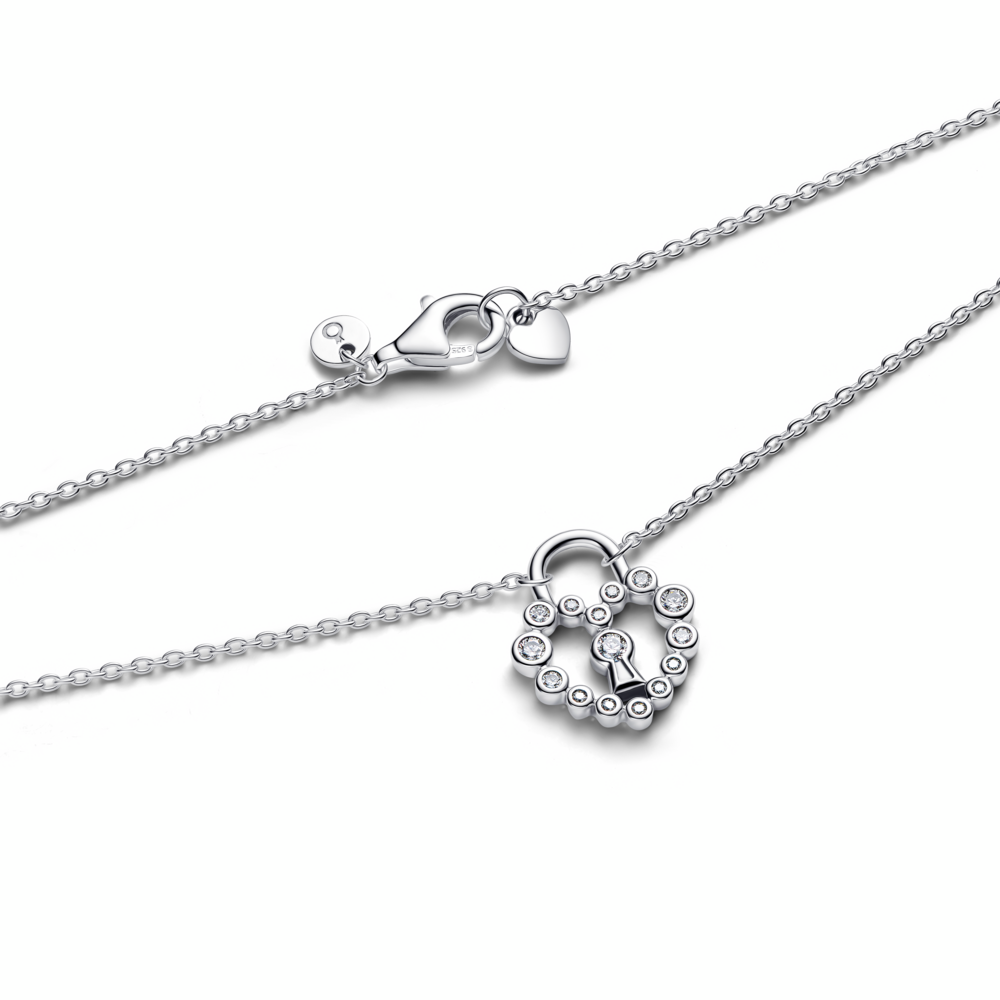 Heart padlock sterling silver pendant necklace with clear cubic zirconia