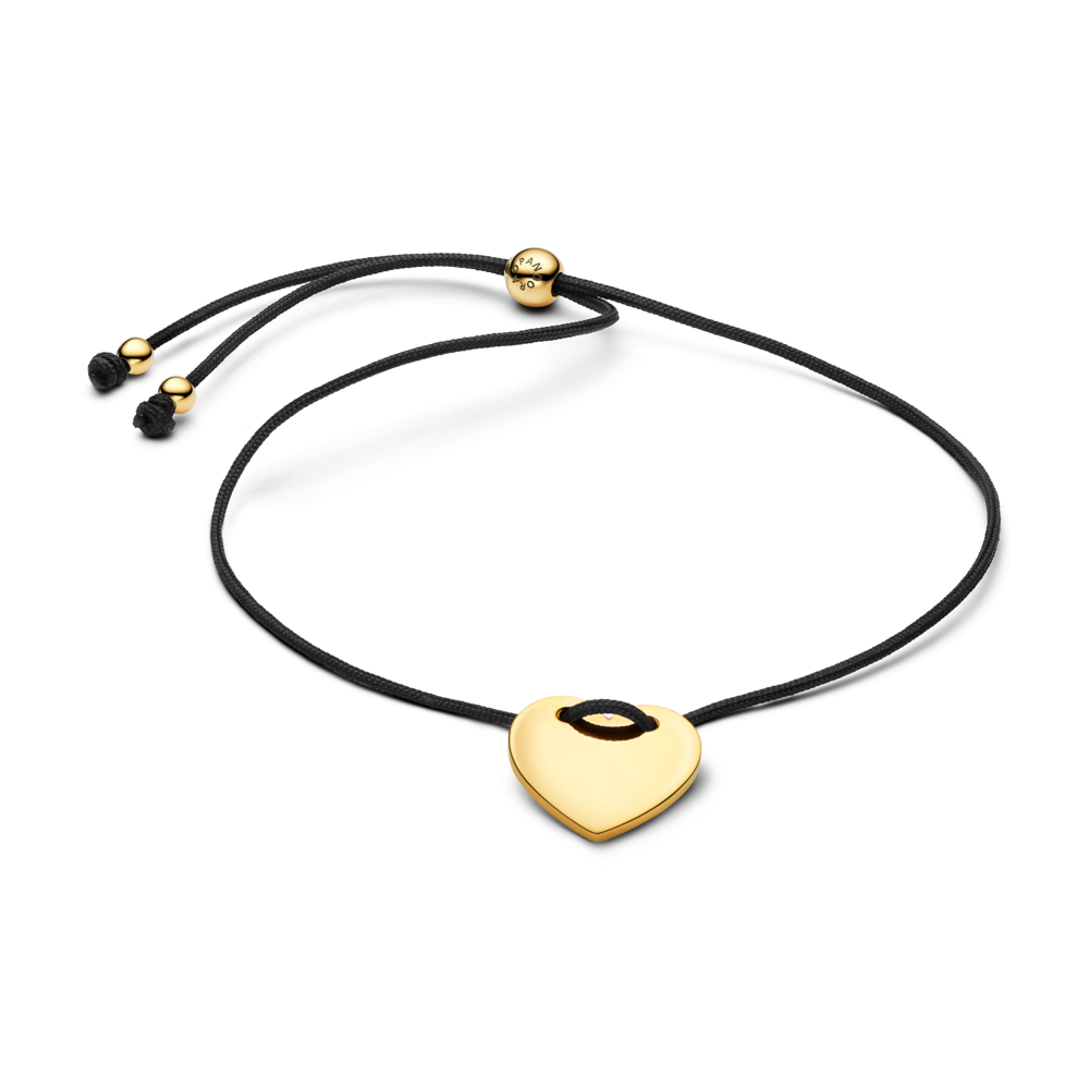 Engravable heart 14k gold-plated sliding bracelet with black nylon