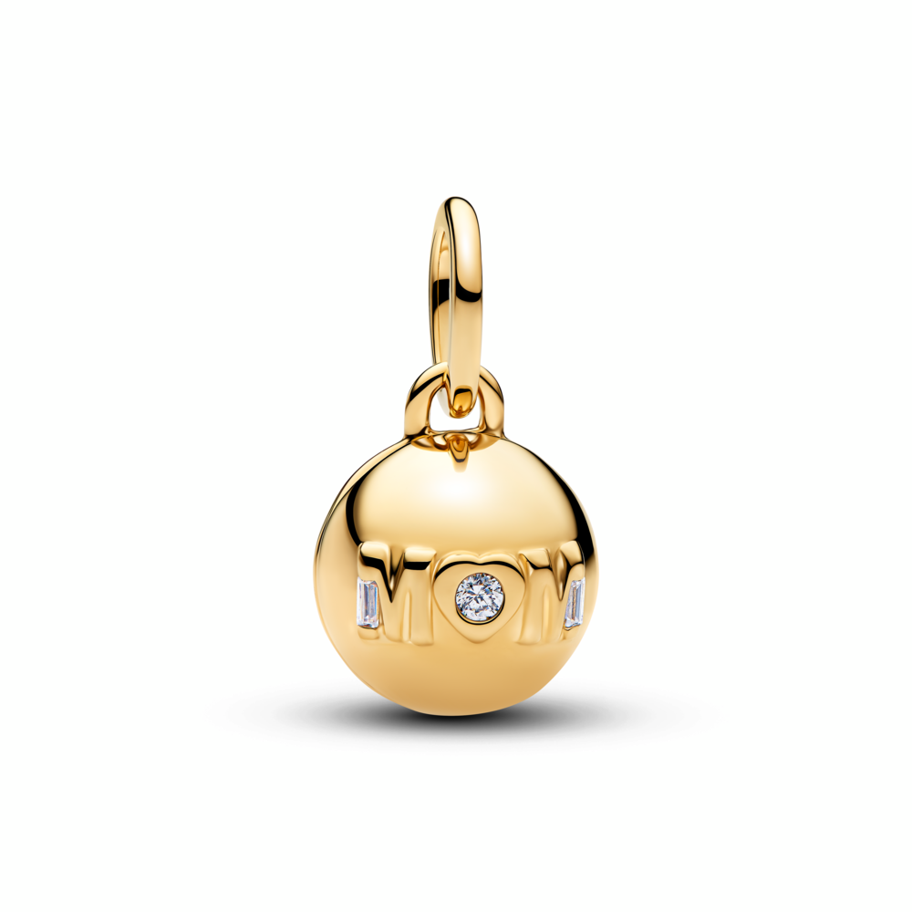 Openable mom ball 14k gold-plated dangle with clear cubic zirconia and black enamel