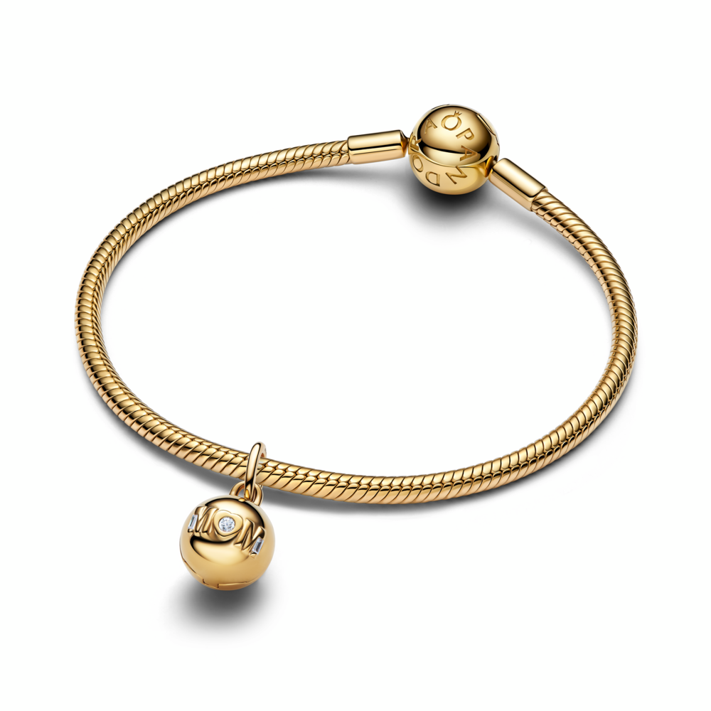Openable mom ball 14k gold-plated dangle with clear cubic zirconia and black enamel