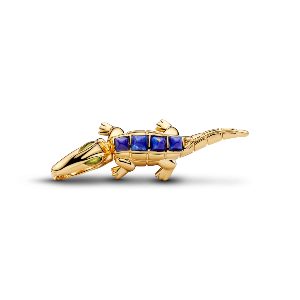 Alligator 14k gold-plated charm with imitation lapis lazuli and light green crystal