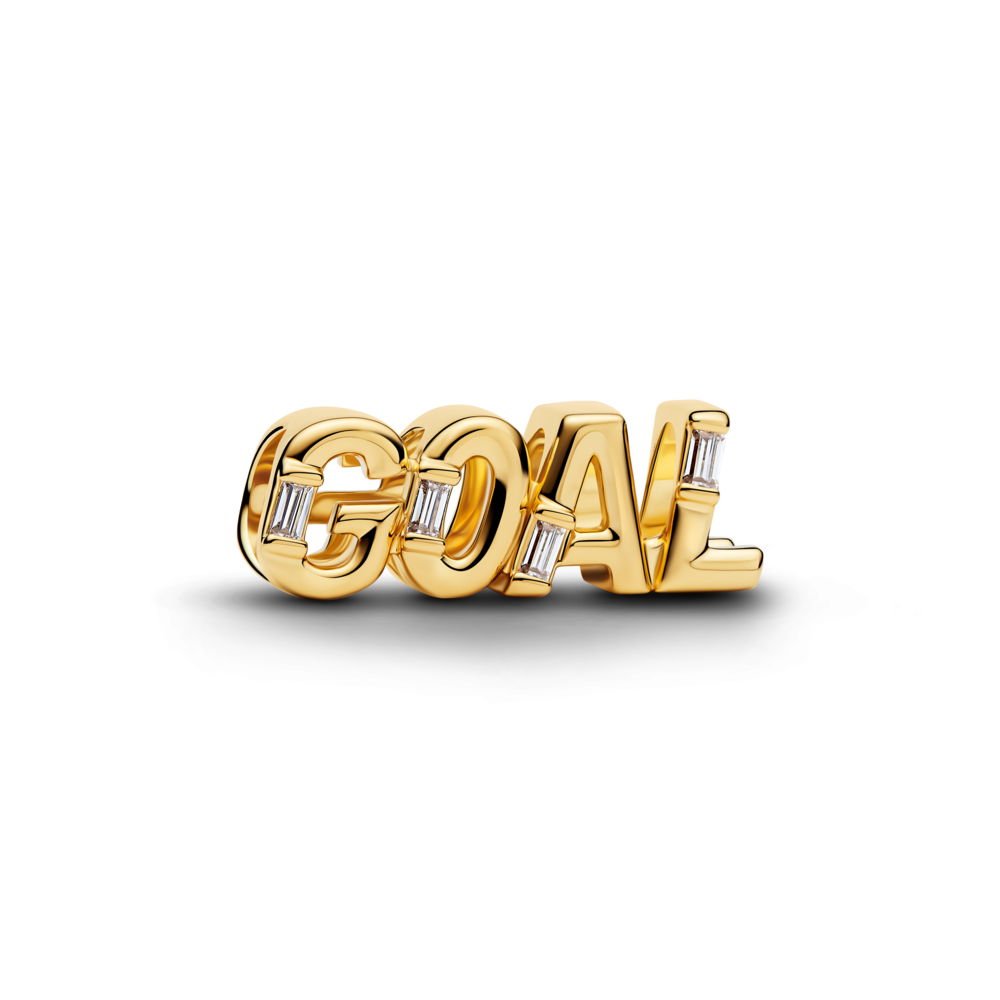 Goal script 14k gold-plated charm with clear cubic zirconia