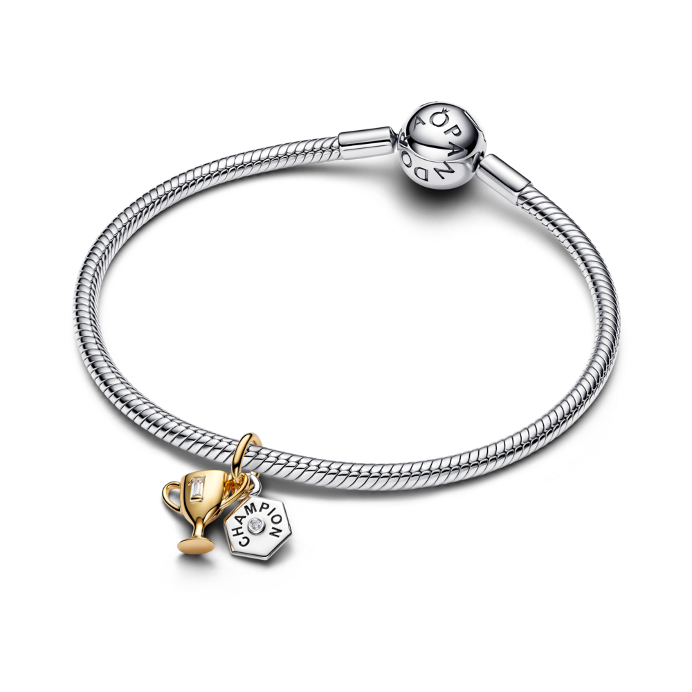 Engravable  trophy sterling silver and 14k gold-plated double dangle with clear cubic zirconia and black enamel