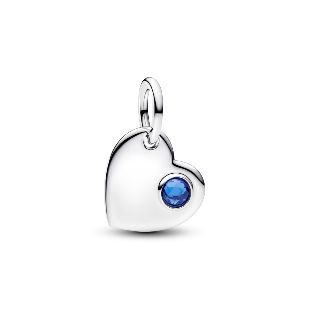 Engravable heart sterling silver dangle with princess blue crystal
