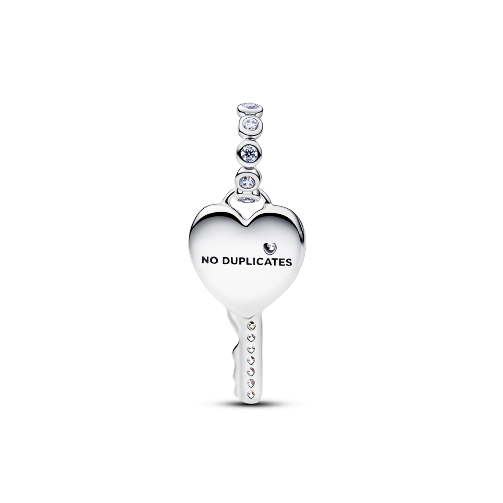 Heart key sterling silver dangle with clear cubic zirconia and lab-created pink opal