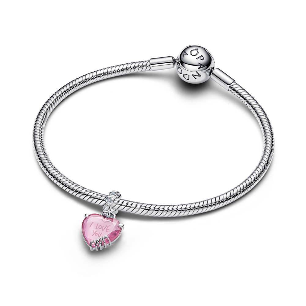 Heart sterling silver dangle with pink and clear cubic zirconia