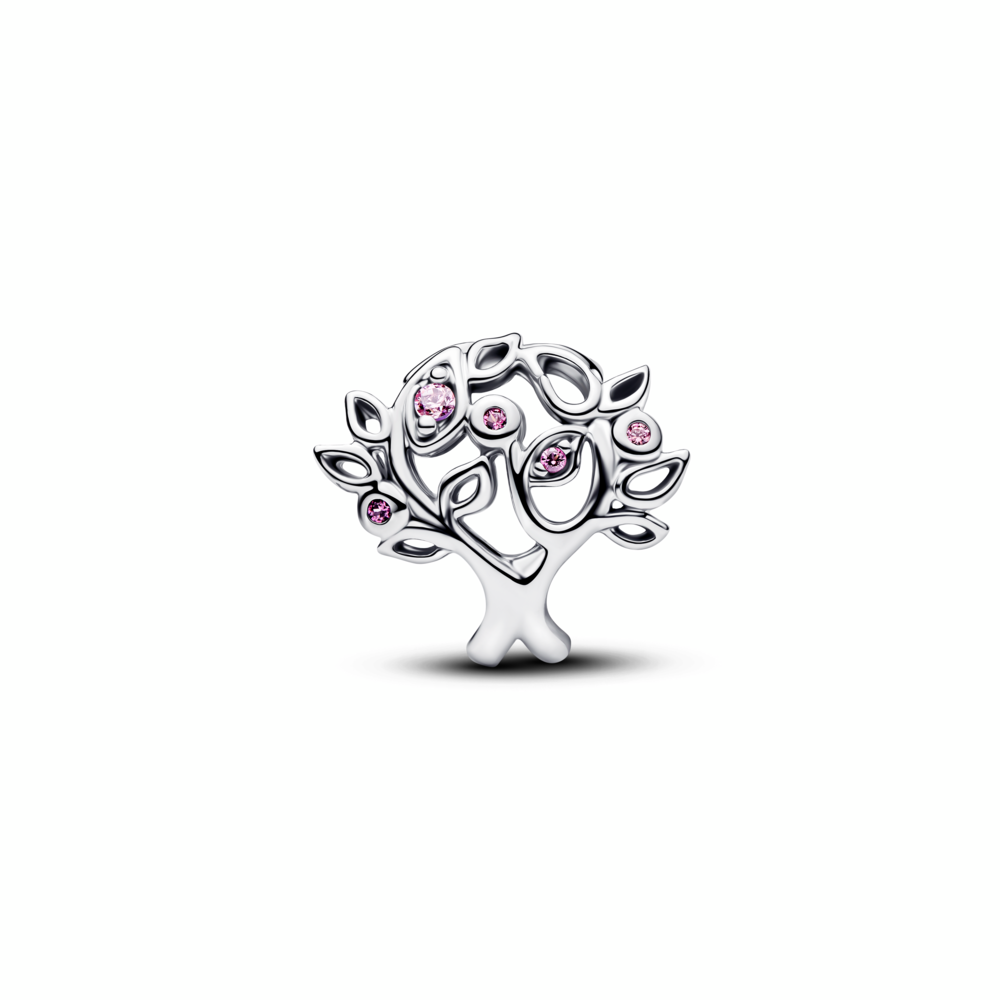 Family tree sterling silver charm with fancy pink cubic zirconia and fuchsia rose crystal